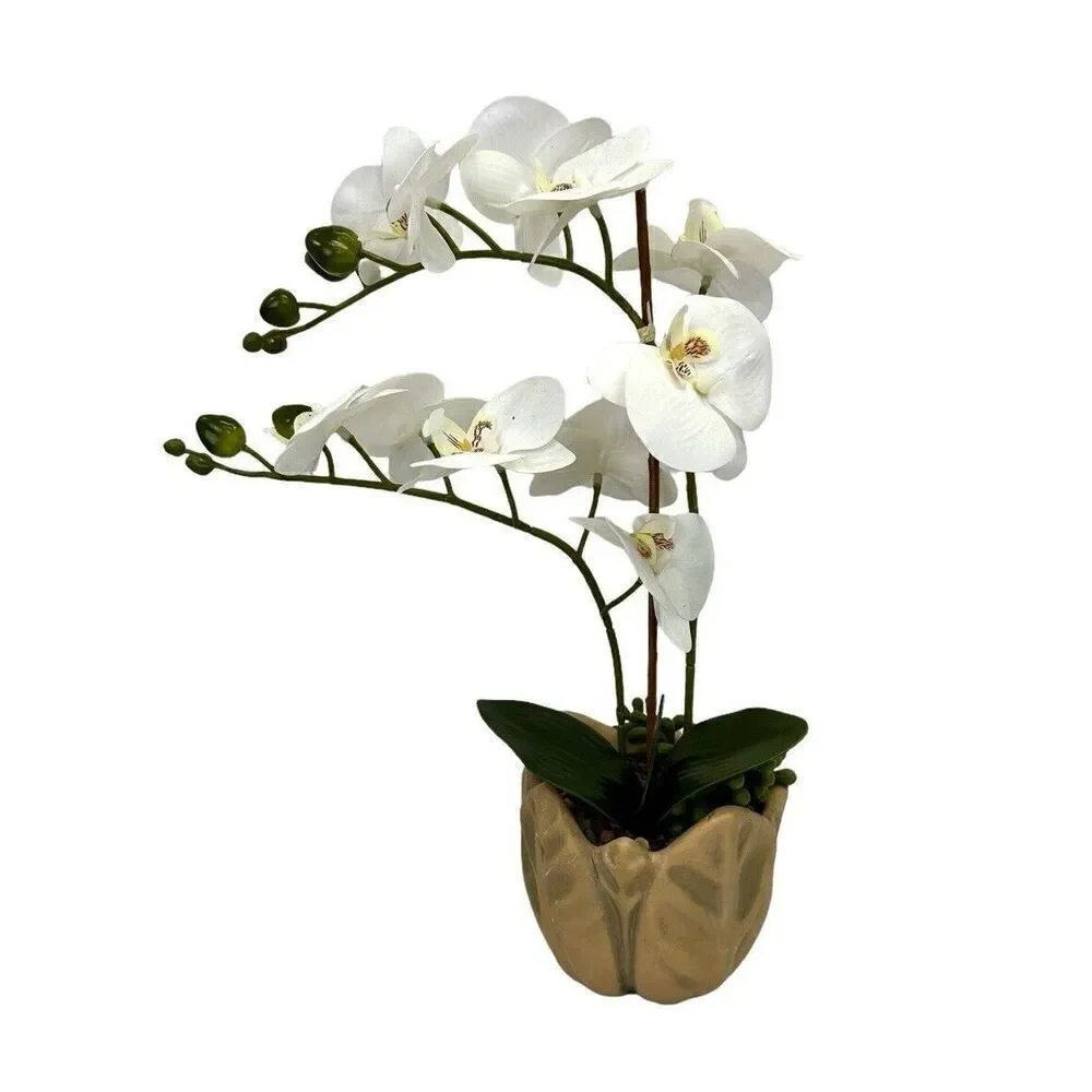 New Faux White 15 Inch Orchid In Ceramic Pot With Artificial Greenery